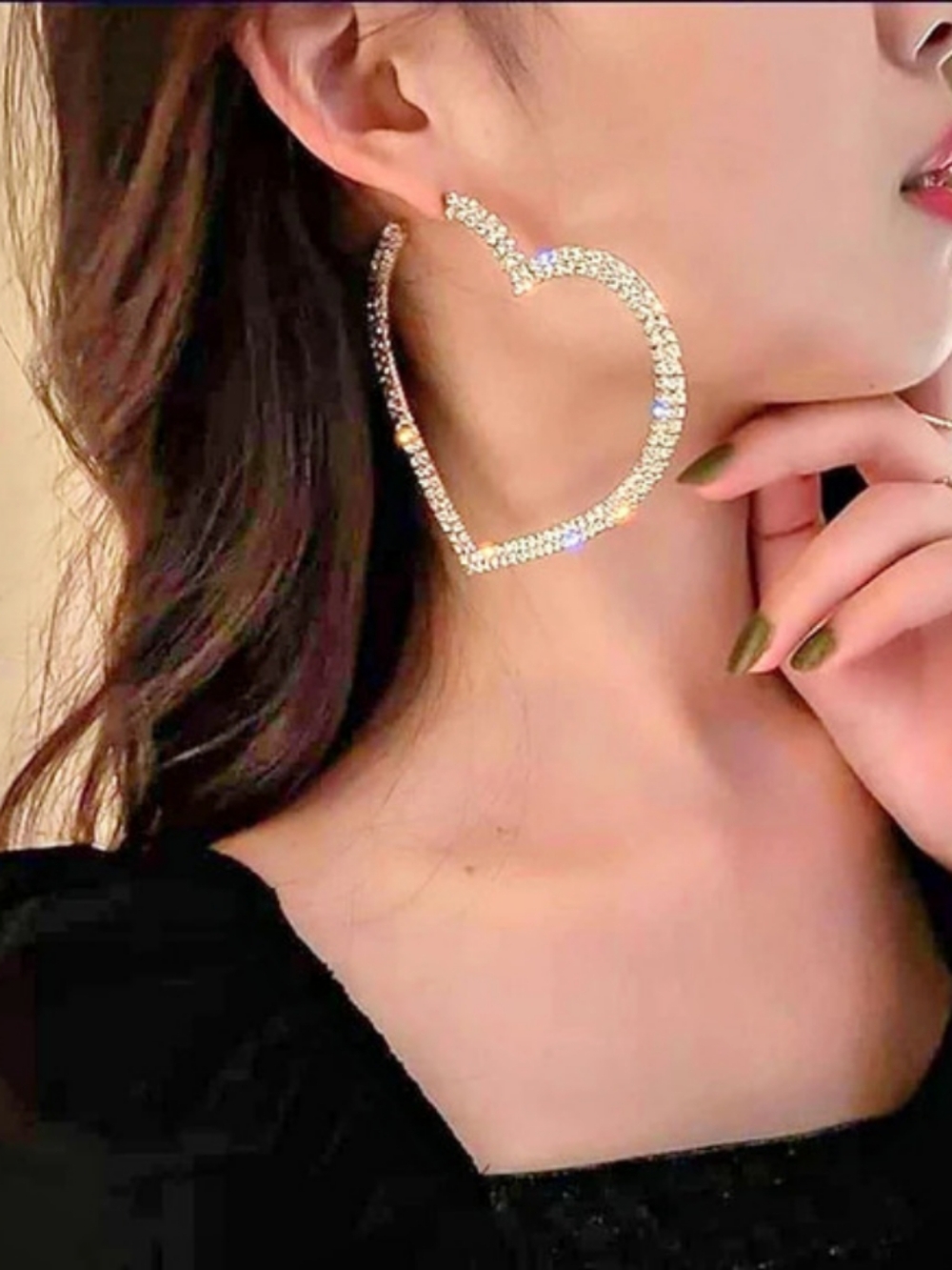 Rhinestone Heart Hoop Earrings in Silver, New